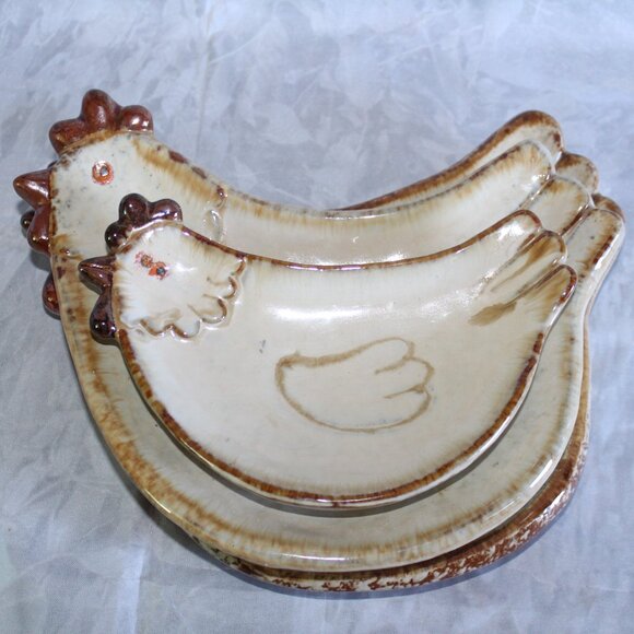 Set Of 3 Chicken Hen Shaped Stoneware Platter Serving Dishs Tray Farmhouse - Picture 1 of 16